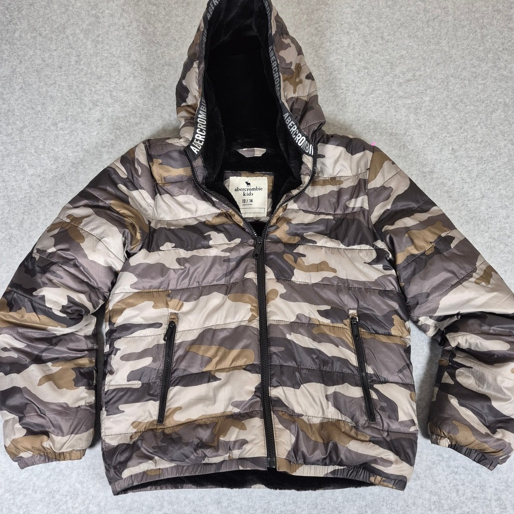 Abercrombie Kids Puffer Jacket Kids 13/14 Gray Camo Faux Fur Lined Hooded Coat
